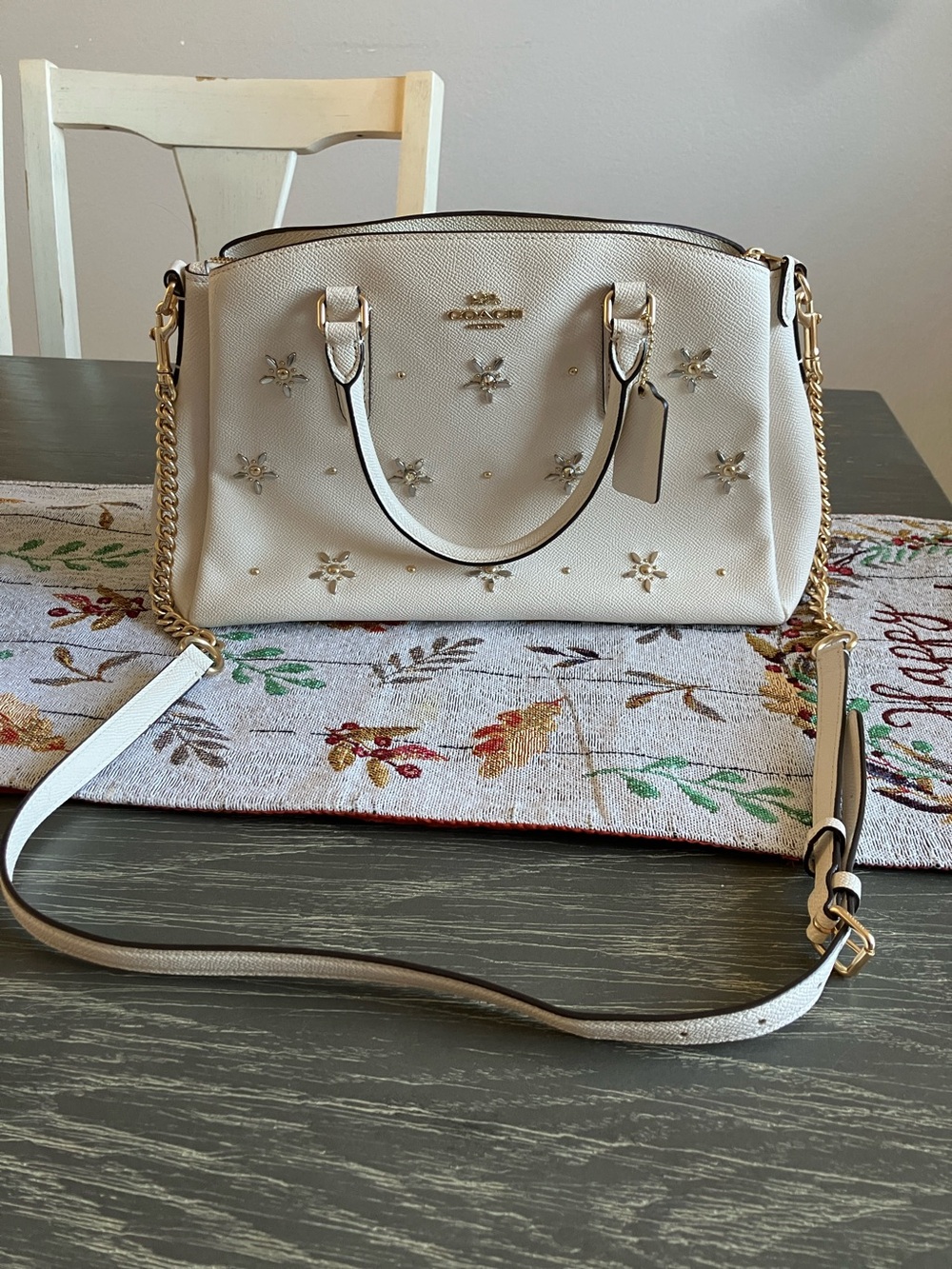 Rare-Coach Cream Floral Studded Satchel with Gold Chain Strap